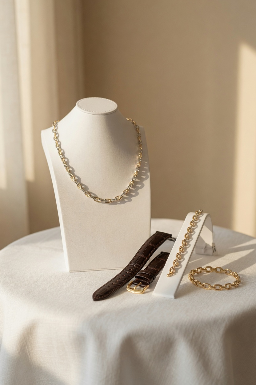 Bracelet de montre en cuir présenté avec des bijoux